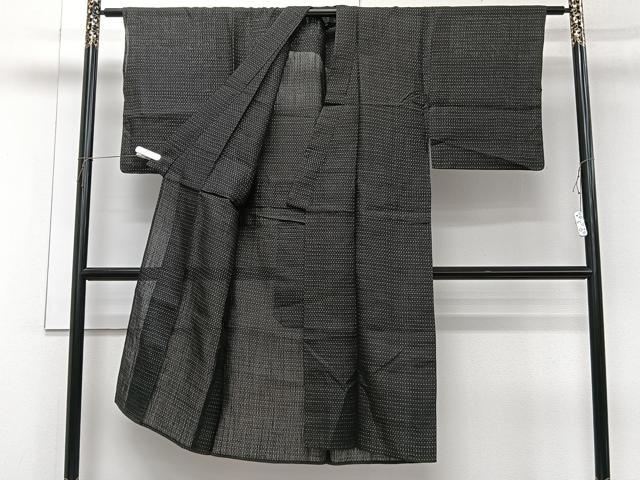 平和屋着物＊夏物　男性　上布　亀甲文様　黒地　麻　逸品　CABI3846xi