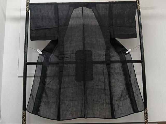 平和屋着物＊夏物　男性　小紋　紗　格子　黒地　CABI3848xi