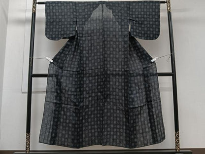 平和屋着物＊夏物　重要無形文化財　本場宮古上布　花菱文　黒地　苧麻　逸品　CABI3849xi