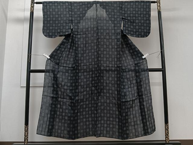 平和屋着物＊夏物　重要無形文化財　本場宮古上布　花菱文　黒地　苧麻　逸品　CABI3849xi