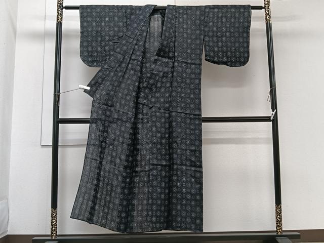 平和屋着物＊夏物　重要無形文化財　本場宮古上布　花菱文　黒地　苧麻　逸品　CABI3849xi
