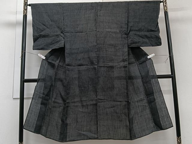 平和屋着物＊夏物　男性　上布　縞　黒地　麻　逸品　CABI3850xi