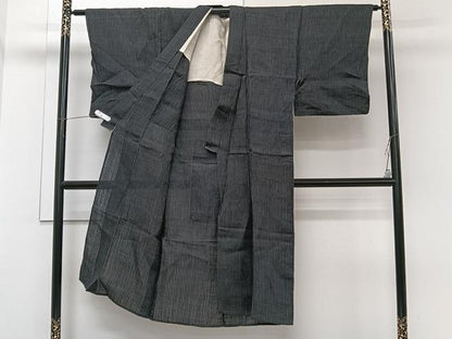 平和屋着物＊夏物　男性　上布　縞　黒地　麻　逸品　CABI3850xi