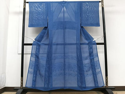 平和屋着物＊夏物　色留訪問着　横段鳳凰花紋紗　青藍色　正絹　逸品　未使用　CABI3853xi