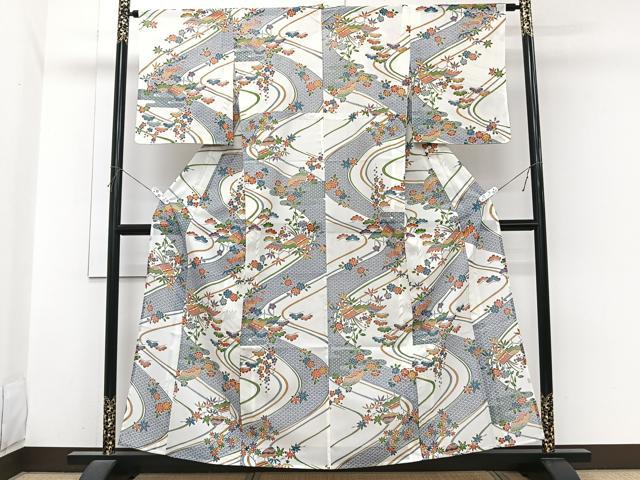 平和屋着物＊夏物　小紋　絽　流水風景花文　松竹梅　洗える着物　未使用　CABI3879xi