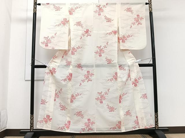 平和屋着物＊夏物　小紋　絽　立波飾花文　洗える着物　CABI3883xi