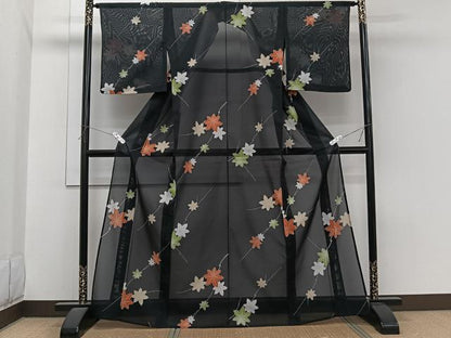 平和屋着物＊夏物　小紋　絽　枝楓文　黒地　洗える着物　CABI3897xi