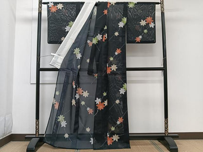 平和屋着物＊夏物　小紋　絽　枝楓文　黒地　洗える着物　CABI3897xi