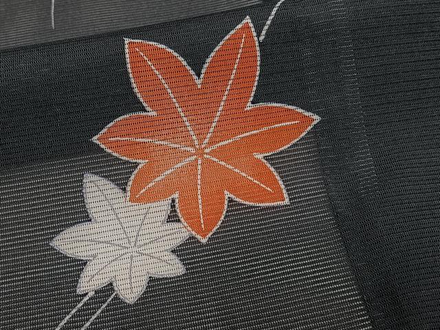 平和屋着物＊夏物　小紋　絽　枝楓文　黒地　洗える着物　CABI3897xi