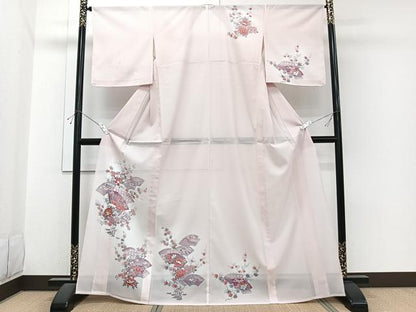 平和屋着物＊夏物　訪問着　絽　地紙飛鶴草花文　金彩　洗える着物　未使用　CABI3899xi