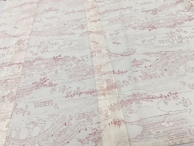 平和屋着物＊夏物　小紋　絽　渡橋人物風景文　洗える着物　CABI3907xi