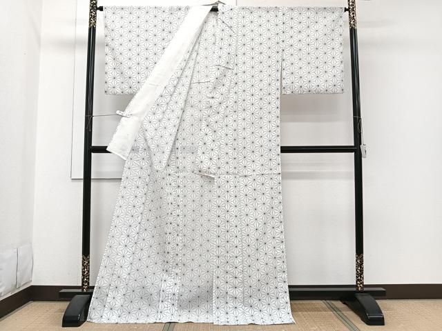 平和屋着物＊夏物　小紋　絽　麻の葉文　ロング丈　洗える着物　CABI3909xi