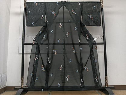 平和屋着物＊夏物　小紋　絽　人物文　黒地　洗える着物　CABI3911xi