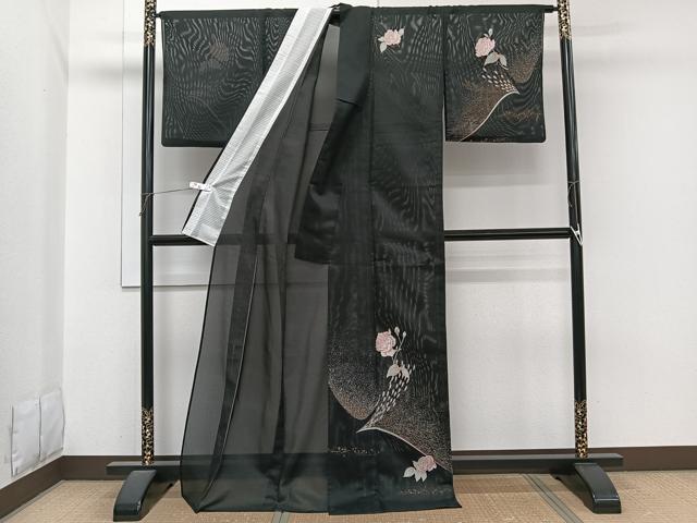 平和屋着物＊夏物　訪問着　絽　羽花文　黒地　金彩　洗える着物　CABI3917xi