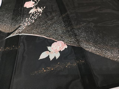 平和屋着物＊夏物　訪問着　絽　羽花文　黒地　金彩　洗える着物　CABI3917xi
