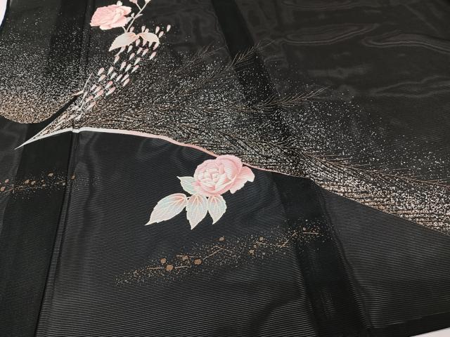平和屋着物＊夏物　訪問着　絽　羽花文　黒地　金彩　洗える着物　CABI3917xi
