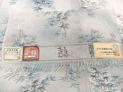 平和屋着物＊夏物　夏結城　枝笹文　小千谷織物　反端付き　正絹　逸品　CABI3918xi