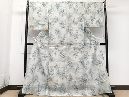 平和屋着物＊夏物　夏結城　枝笹文　小千谷織物　反端付き　正絹　逸品　CABI3918xi
