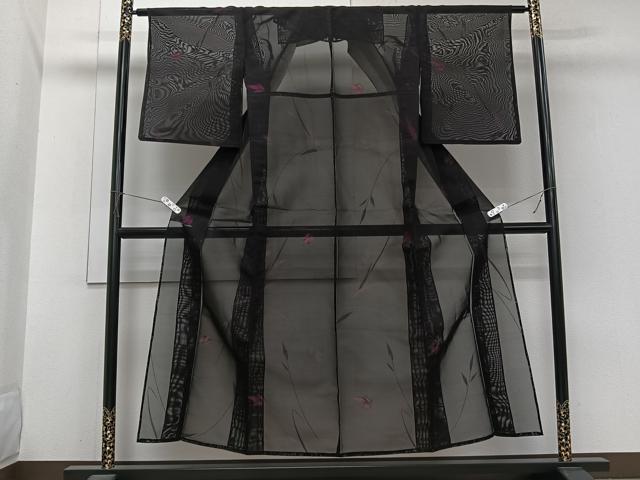 平和屋着物＊夏物　小紋　紗　枝花文　黒地　正絹　逸品　CABI3920xi