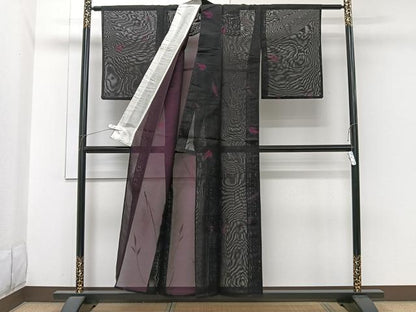 平和屋着物＊夏物　小紋　紗　枝花文　黒地　正絹　逸品　CABI3920xi