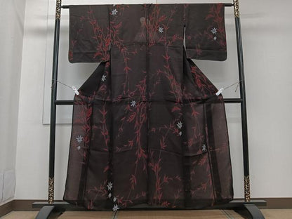 平和屋着物＊夏物　小紋　紗　枝草花文　黒地　正絹　逸品　CABI3921xi