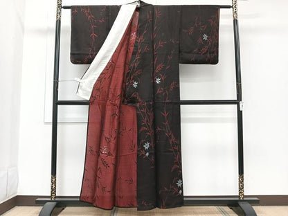 平和屋着物＊夏物　小紋　紗　枝草花文　黒地　正絹　逸品　CABI3921xi