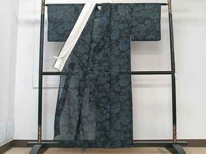 平和屋着物＊夏物　小紋　紗　更紗花唐草文　黒地　洗える着物　CABI3926xi