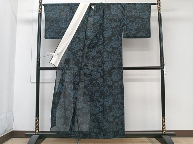 平和屋着物＊夏物　小紋　紗　更紗花唐草文　黒地　洗える着物　CABI3926xi