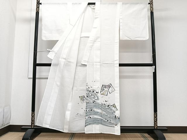 平和屋着物＊夏物　訪問着　紗　手描き　色紙立波文　金彩　洗える着物　CABI3942xi