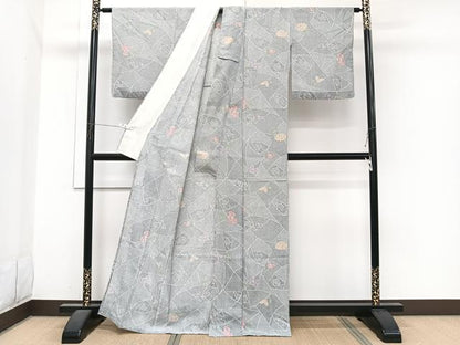 平和屋着物＊夏物　小紋　単衣　切嵌草花文　洗える着物　CABI3944xi