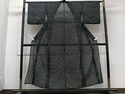 平和屋着物＊夏物　小紋　絽　芝草文　黒地　洗える着物　CABI3952xi