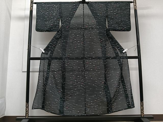 平和屋着物＊夏物　小紋　絽　芝草文　黒地　洗える着物　CABI3952xi