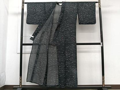 平和屋着物＊夏物　小紋　絽　芝草文　黒地　洗える着物　CABI3952xi