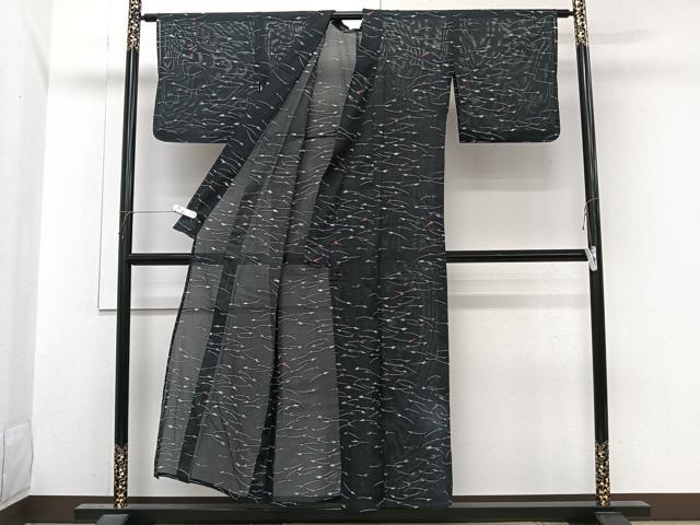 平和屋着物＊夏物　小紋　絽　芝草文　黒地　洗える着物　CABI3952xi
