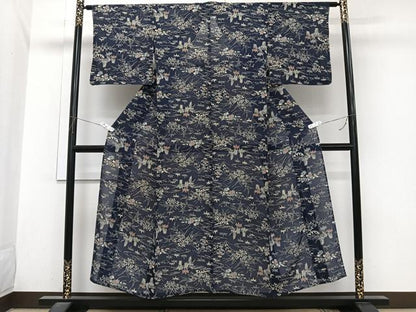 平和屋着物＊夏物　小紋　絽　片輪車流水草花文　正絹　逸品　CABI3960xi