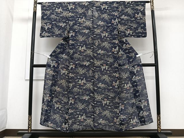 平和屋着物＊夏物　小紋　絽　片輪車流水草花文　正絹　逸品　CABI3960xi
