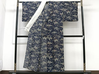 平和屋着物＊夏物　小紋　絽　片輪車流水草花文　正絹　逸品　CABI3960xi