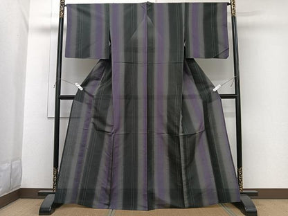 平和屋着物＊夏物　紗紬　間道　黒地　正絹　逸品　CABI3966xi