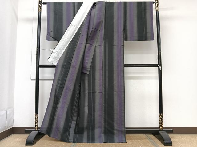 平和屋着物＊夏物　紗紬　間道　黒地　正絹　逸品　CABI3966xi