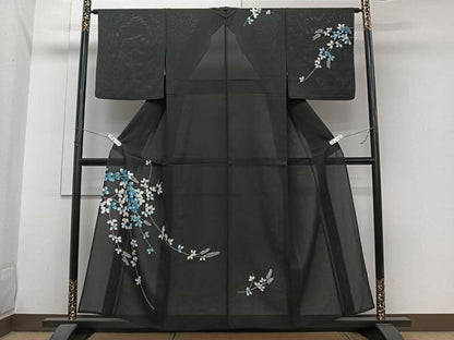 平和屋着物＊夏物　訪問着　絽　枝萩文　黒地　銀彩　正絹　逸品　CABI3973xi