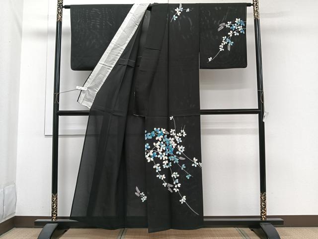 平和屋着物＊夏物　訪問着　絽　枝萩文　黒地　銀彩　正絹　逸品　CABI3973xi