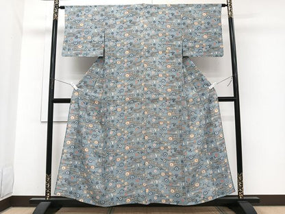 平和屋着物＊夏物　小紋　絽　型染め　流水草花文　正絹　逸品　CABI3980xi