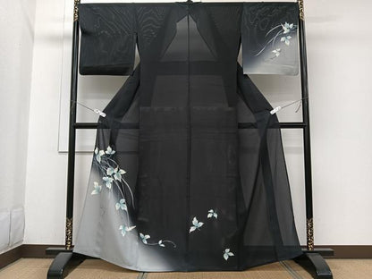 平和屋着物＊夏物　訪問着　絽　草花文　暈し染め　黒地　正絹　逸品　CABI3987xi