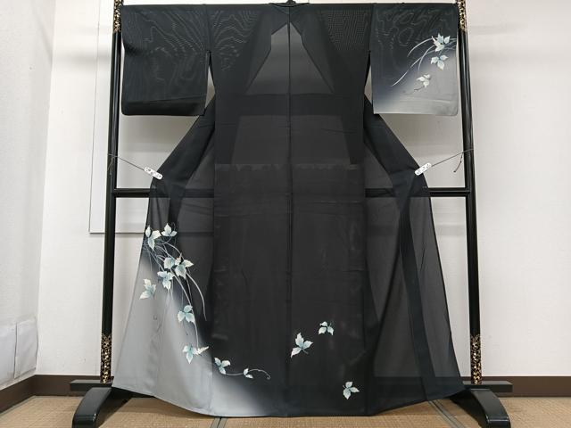 平和屋着物＊夏物　訪問着　絽　草花文　暈し染め　黒地　正絹　逸品　CABI3987xi