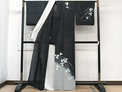 平和屋着物＊夏物　訪問着　絽　草花文　暈し染め　黒地　正絹　逸品　CABI3987xi
