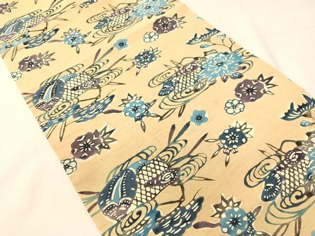 平和屋着物●九寸開き名古屋帯　本場琉球紅型　紬地　型染め　藍　流水花文　正絹　逸品　CABI4003vp
