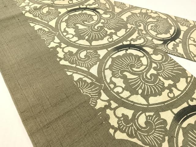 平和屋着物●全通柄　九寸名古屋帯　紬地　松煙染　墨染衣　型染め　唐草間道　正絹　逸品　CABI4007vp