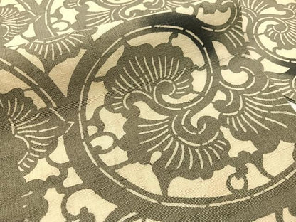 平和屋着物●全通柄　九寸名古屋帯　紬地　松煙染　墨染衣　型染め　唐草間道　正絹　逸品　CABI4007vp