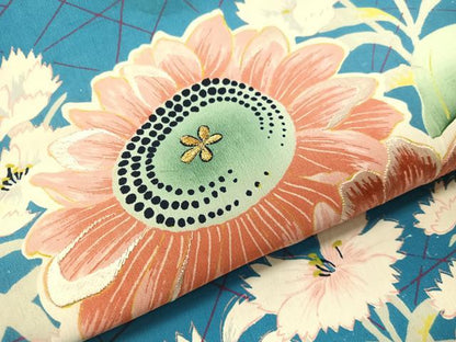 平和屋着物●アンティーク　大正ロマン　全通柄　九寸名古屋帯　手刺繍　草花文　金糸　正絹　逸品　CABI4011vp