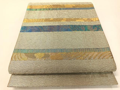 平和屋着物▼太鼓柄袋帯　櫛織　切嵌　横段花鳥文　金銀糸　正絹　逸品　CABI4018vp
